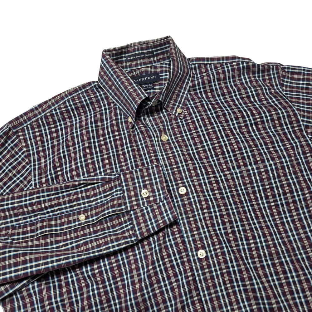 Lands' End Dress Shirt Mens 15.5‎ 33 Burgundy Plaid No Iron Pinpoint Oxford